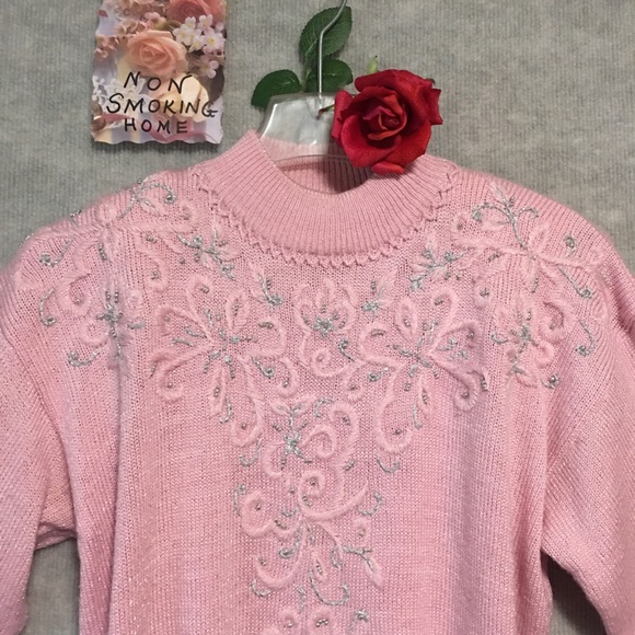 VTG Jaclyn Smith PINK SWEATER EMB SILVER & MOCK CREW TURTLENECK EMB EUC - Picture 4 of 9